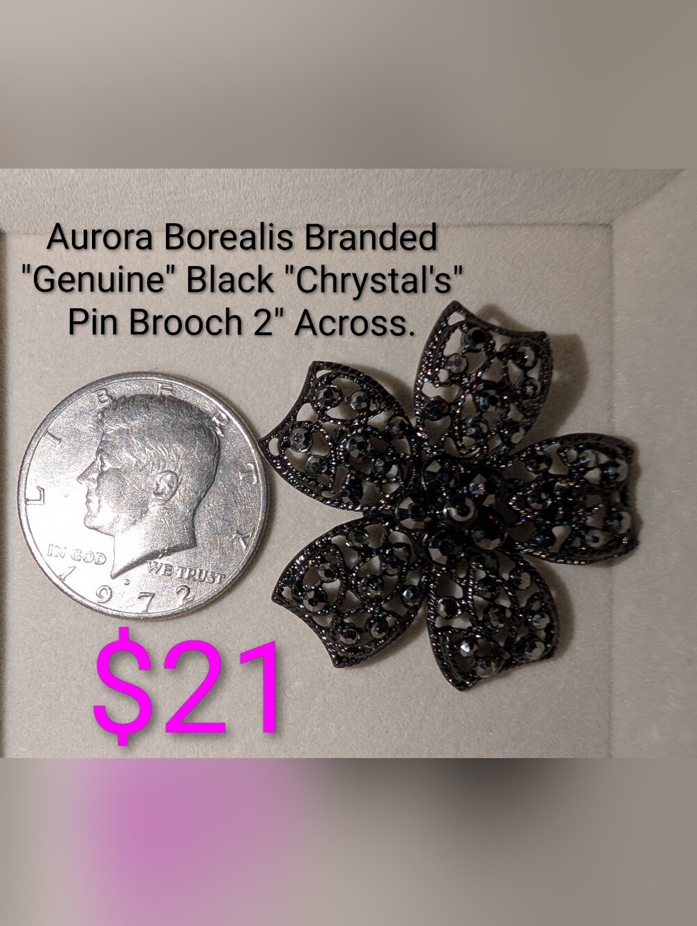 Vintage-Aurora Borealis Black Crystal Flower Pin Brooch!🖤